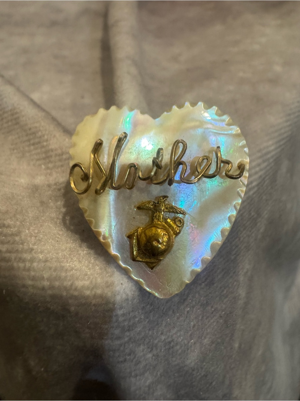 Vintage Mother of Pearl 'Mother' Heart‎ Pin with Gold Emblem